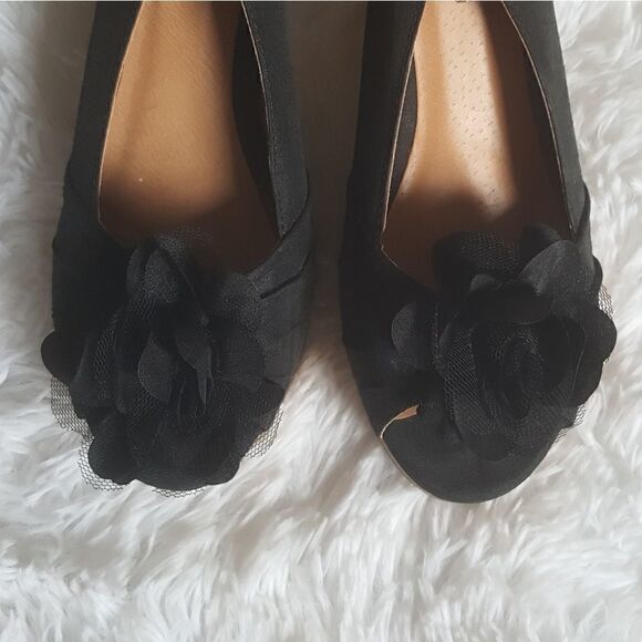 CL by Laundry Ilena Wedge Sandals Black Cork Open Toe Flower Top Shoes Size 7.5 - Picture 11 of 13